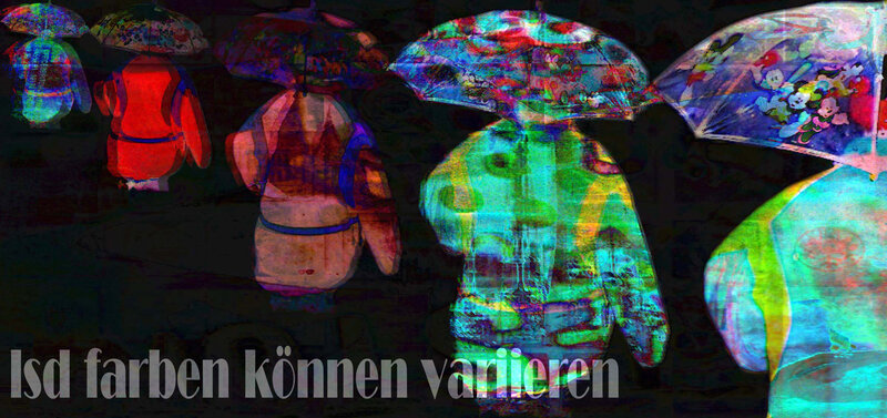Colorful figures with umbrellas