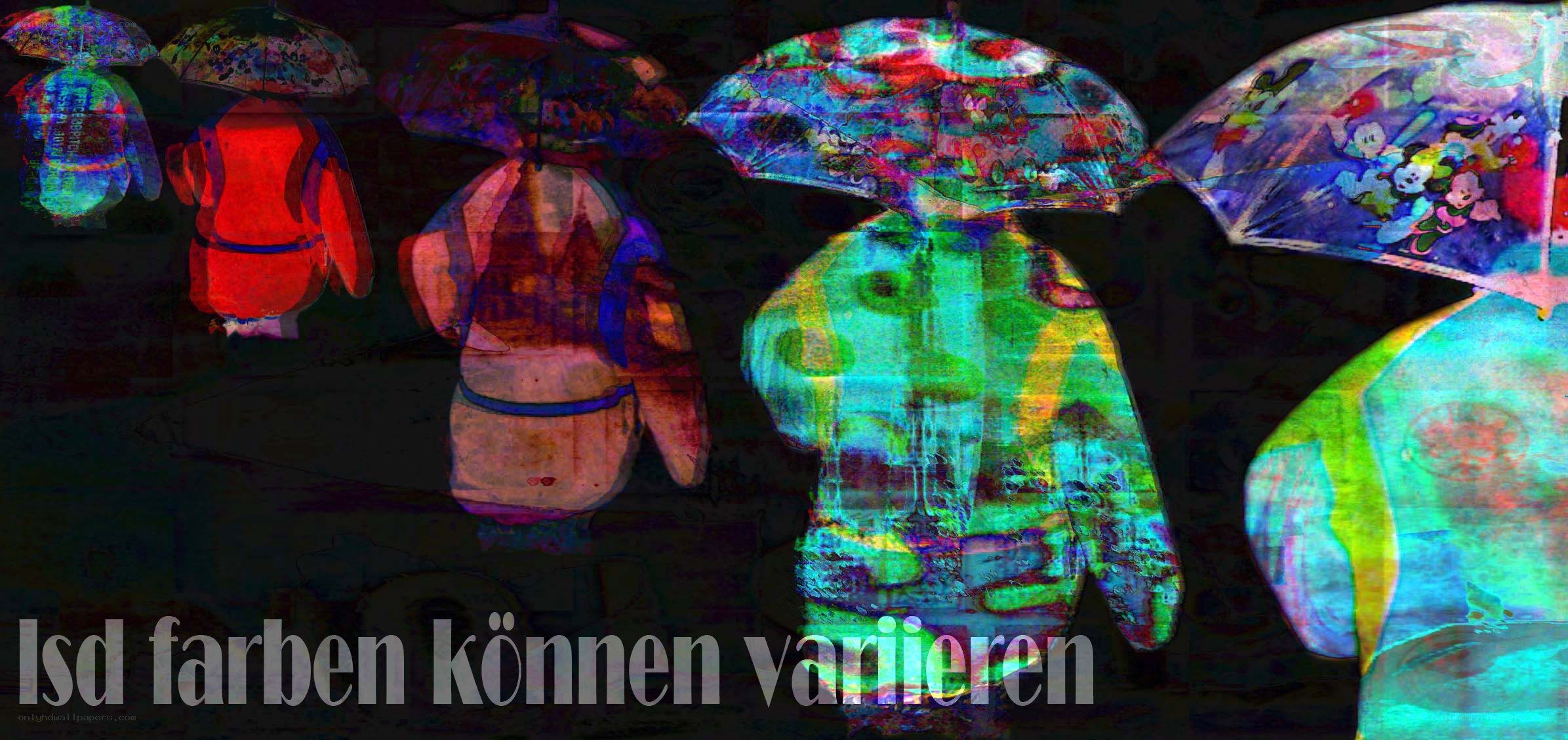 Colorful figures with umbrellas