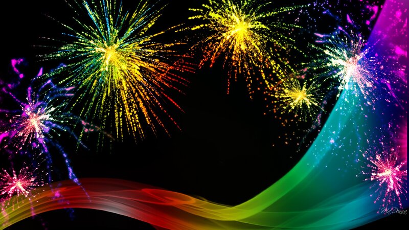 Colorful Fireworks Display — Black, Festive, Night, Digital Art, Light Trails