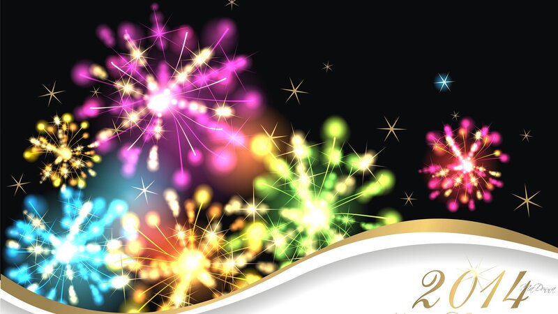 Colorful Fireworks Display — Black, Festive, Night, Digital Art, Stars