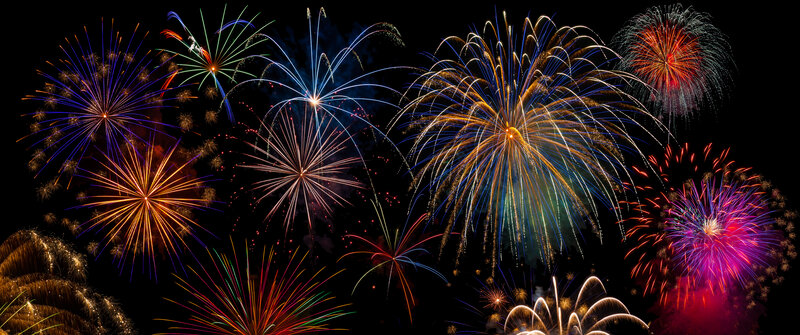 Colorful Fireworks Display — Blue, Festive, Night, Photograph, Explosions