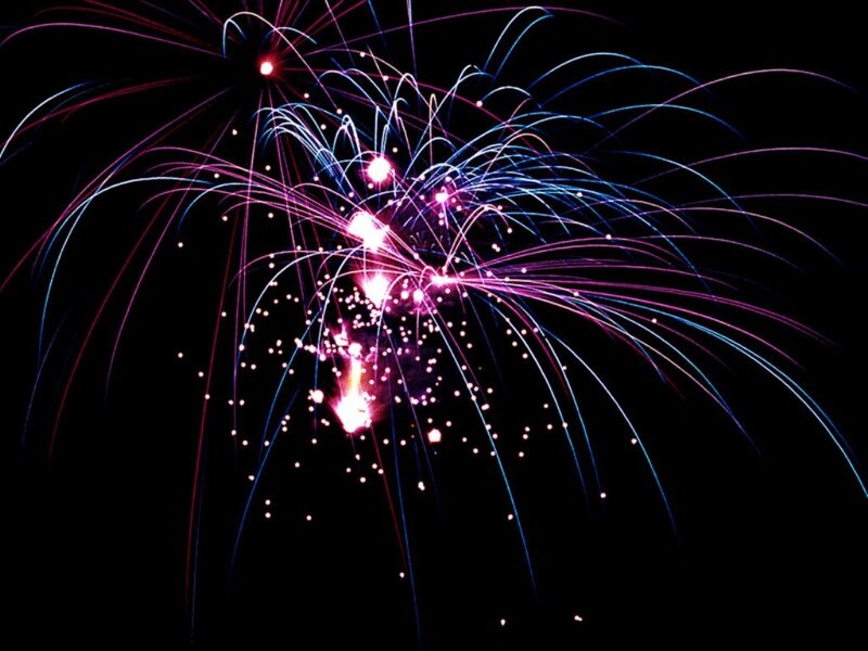 Colorful Fireworks Display — Blue, Festive, Night, Photograph, Night Sky, Light Trails