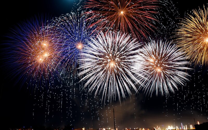 Colorful Fireworks Display — Blue, Festive, Night, Photograph