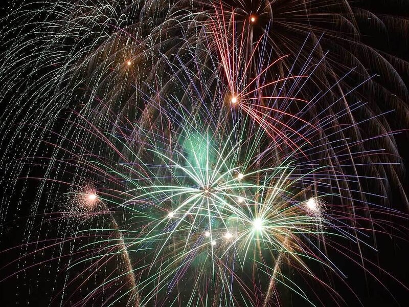 Colorful Fireworks Display — Green, Festive, Night, Photograph, Night Sky