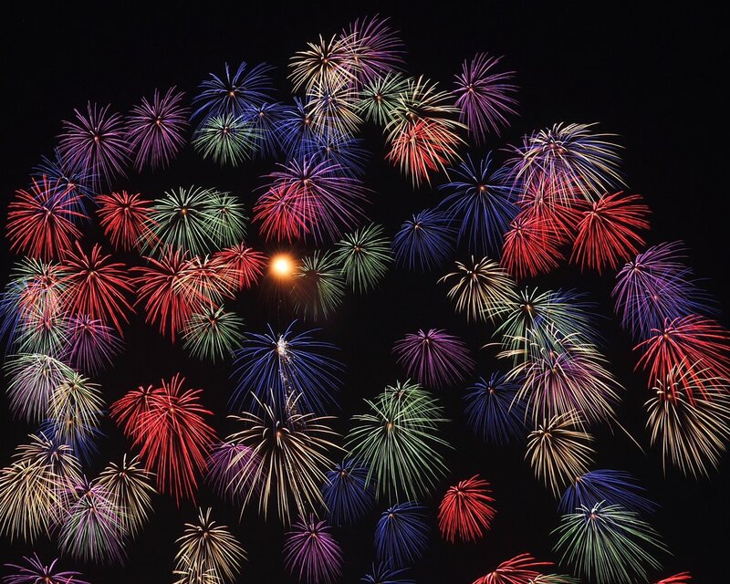 Colorful Fireworks Display — Red, Festive, Night, Photograph, Night Sky, Explosions, Blue, Green