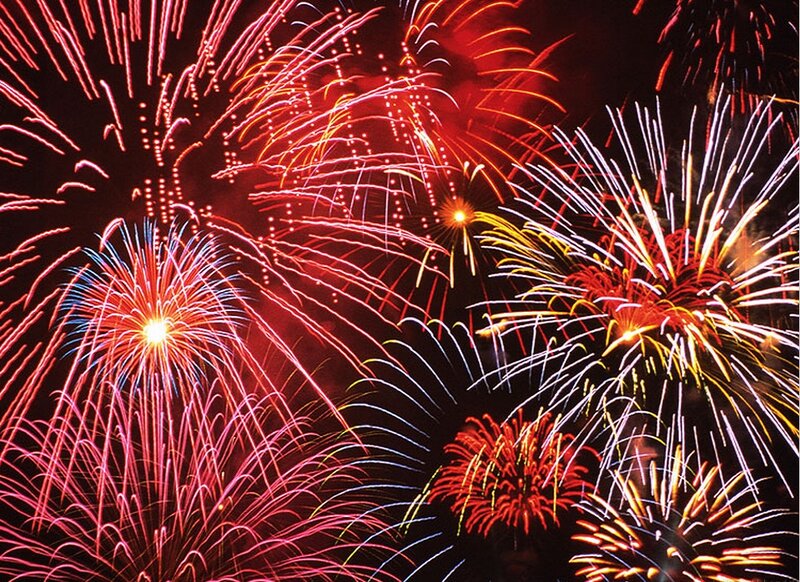 Colorful Fireworks Display — Red, Festive, Night, Photograph, Night Sky, Explosions, Light Trails