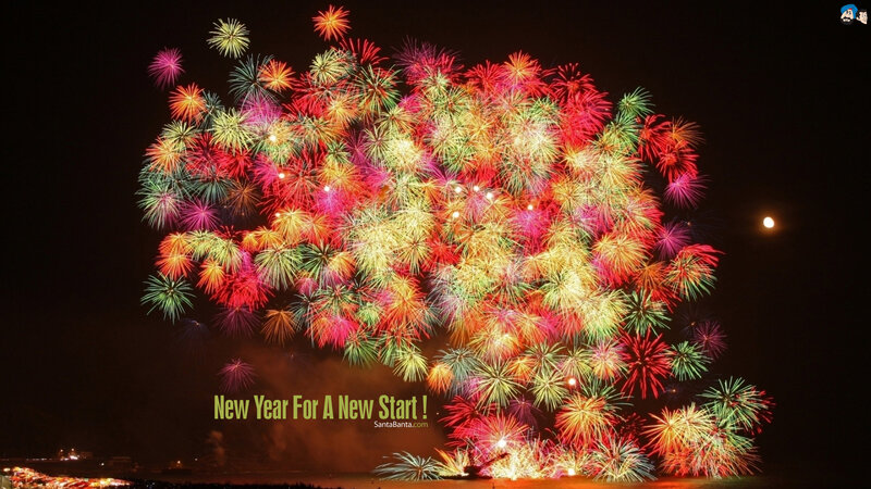Colorful Fireworks Display — Red, Festive, Night, Photograph, Night Sky, Moon
