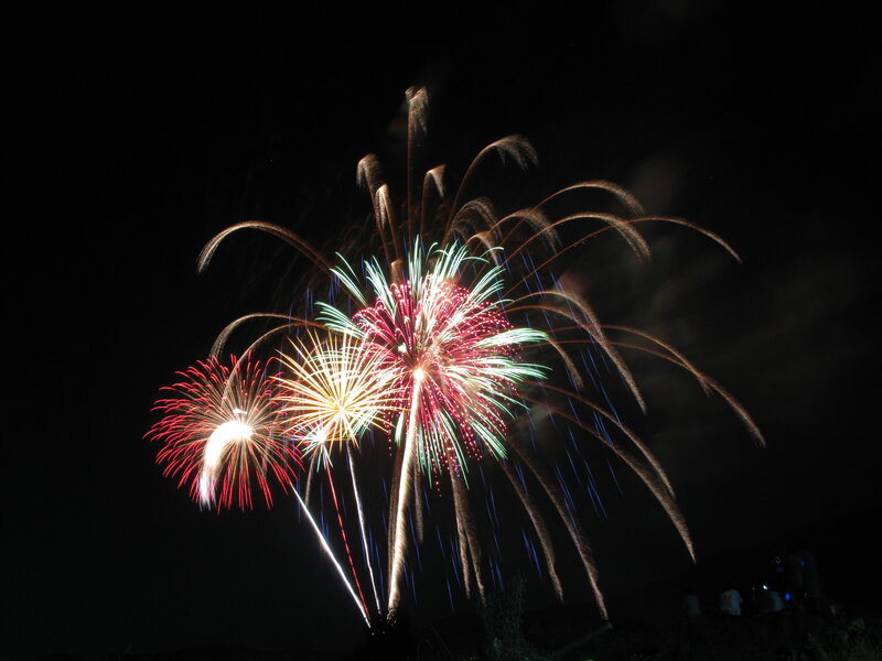 Colorful Fireworks Display — Red, Festive, Night, Photograph, Night Sky, Silhouettes