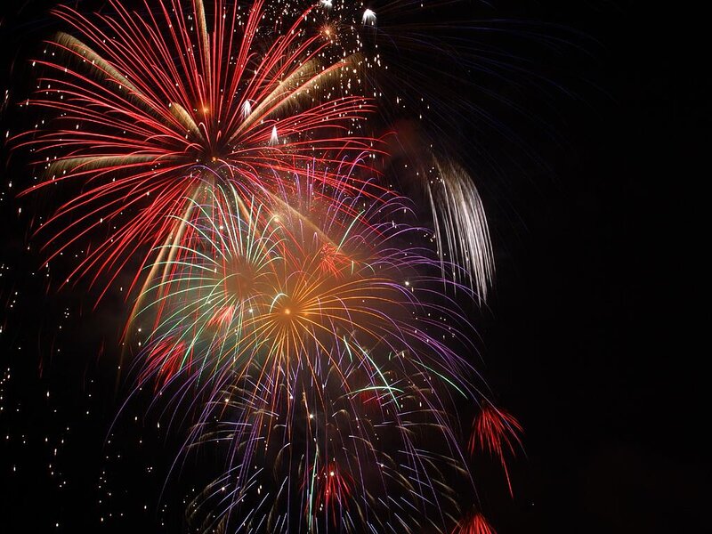Colorful Fireworks Display — Red, Festive, Night, Photograph, Night Sky, Stars