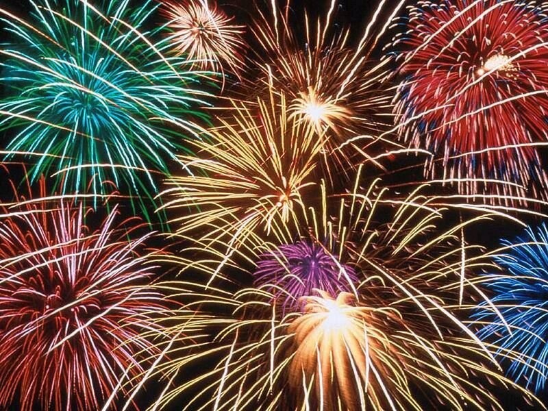 Colorful Fireworks Display — Red, Festive, Night, Photograph, Night Sky