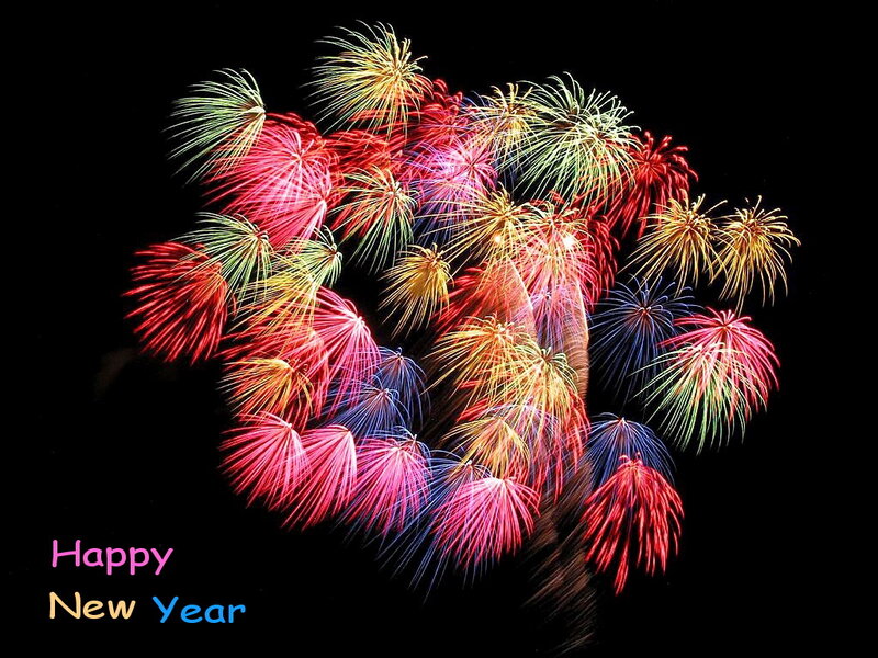 Colorful Fireworks Display — Red, Festive, Night, Photograph, Text