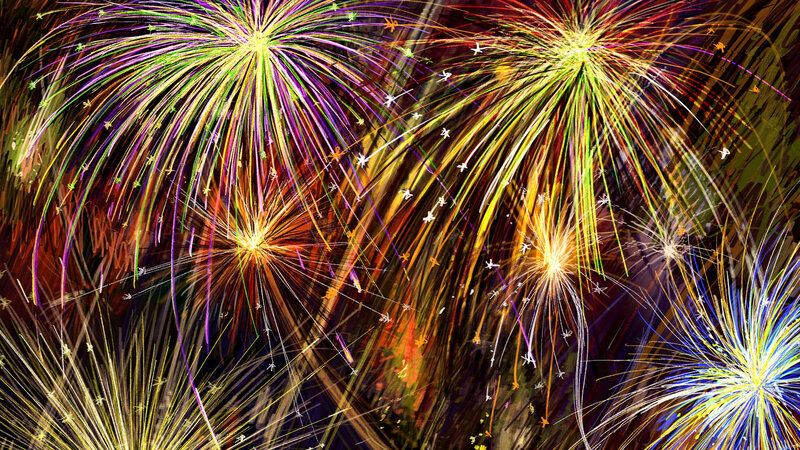 Colorful Fireworks Display — Yellow, Festive, Night, Digital Art, Explosions