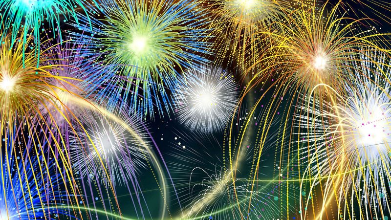 Colorful Fireworks Display — Yellow, Festive, Night, Digital Art, Night Sky, Light Trails