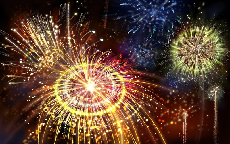 Colorful Fireworks Display — Yellow, Festive, Night, Digital Art, Night Sky, Sparkles
