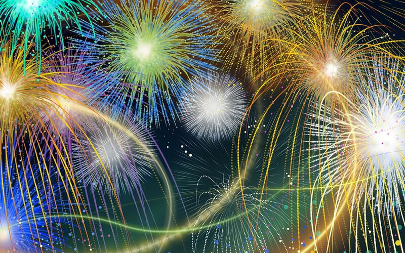 Colorful Fireworks Display — Yellow, Festive, Night, Digital Art, Night Sky