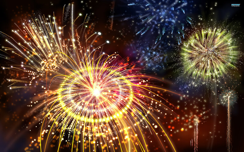 Colorful Fireworks Display — Yellow, Festive, Night, Digital Art