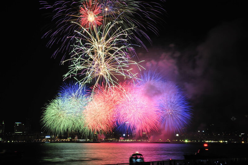 Colorful fireworks over water