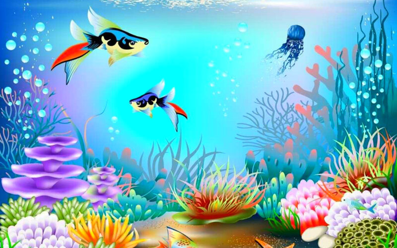 Colorful Fish in Coral Reef — Blue, Serene, Digital Art, Jellyfish, Bubbles