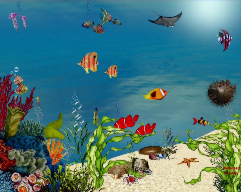 Colorful Fish in Coral Reef — Blue, Serene, Digital Art, Jellyfish