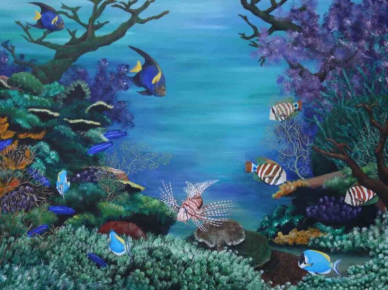 Colorful Fish in Coral Reef — Blue, Serene, Painting