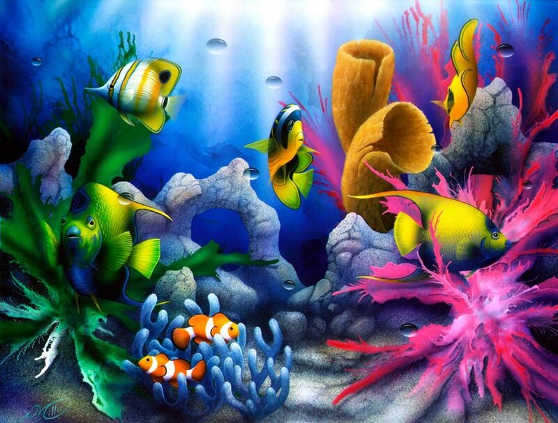 Colorful Fish in Coral Reef — Blue, Vibrant, Digital Art, Seaweed, Bubbles