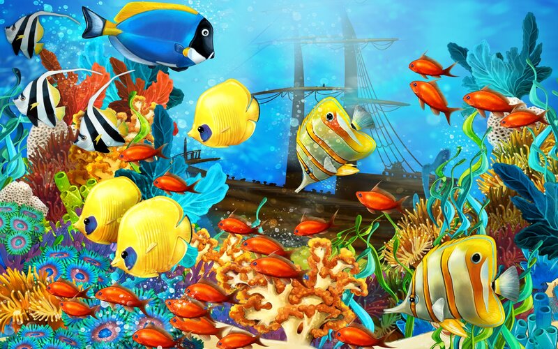 Colorful Fish in Coral Reef — Blue, Vibrant, Digital Art, Shipwreck