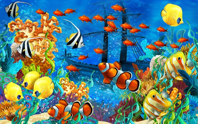Colorful Fish in Coral Reef — Blue, Vibrant, Illustration, Shipwreck