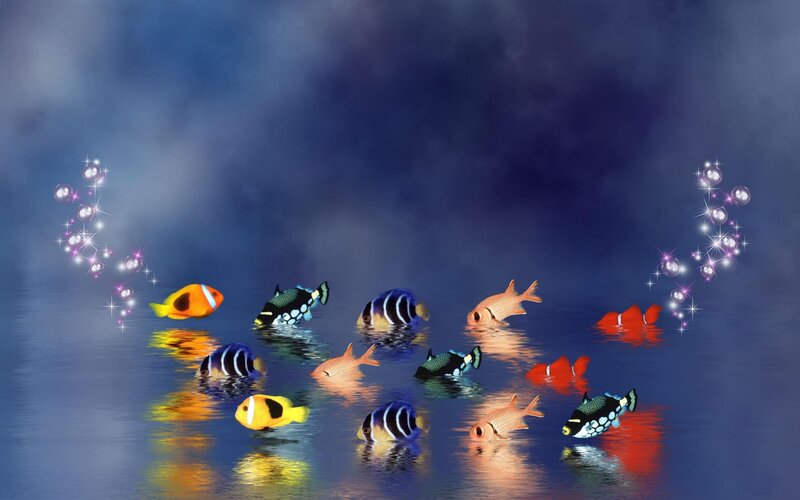 Colorful Fish in Water — Blue, Serene, Digital Art, Bubbles, Reflection