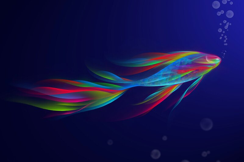 Colorful Fish in Water — Blue, Serene, Digital Art, Bubbles
