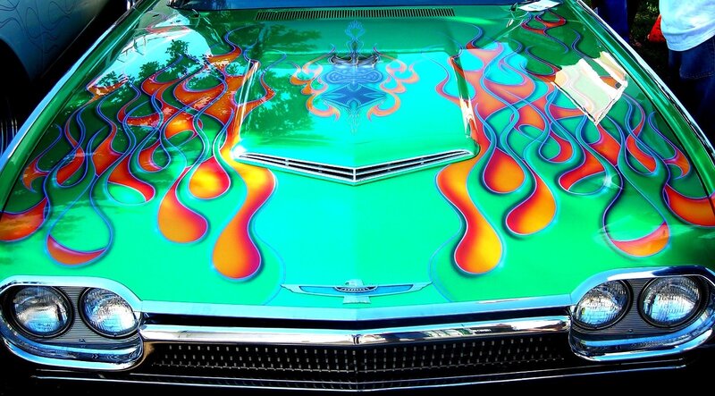 colorful flame-painted car hood