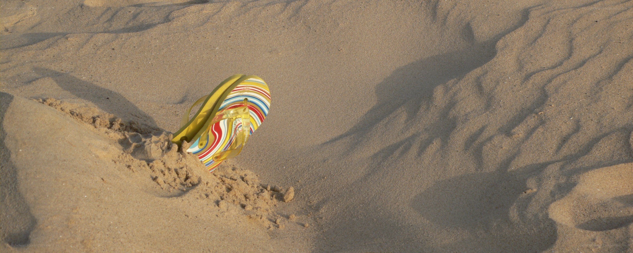 Colorful flip-flop on sandy beach