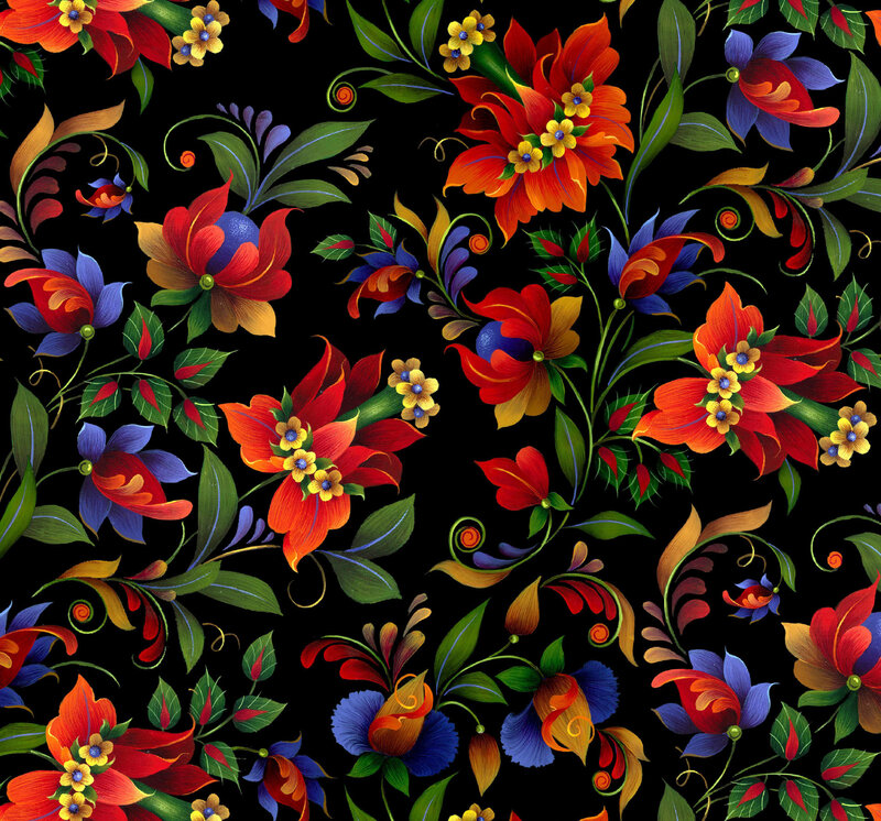 Colorful Floral Pattern — Black, Vibrant, Illustration, Flowers, Leaves