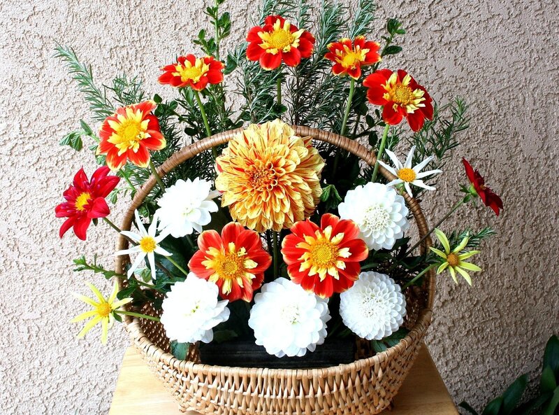 Colorful flower arrangement in basket