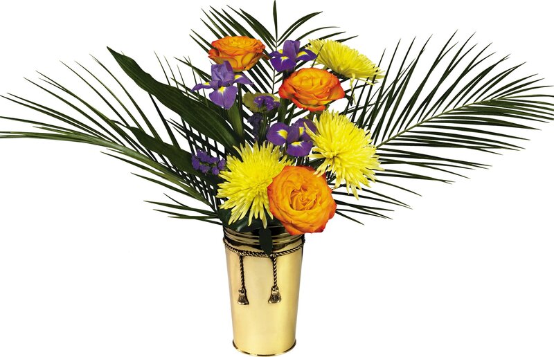 Colorful flower arrangement in gold vase