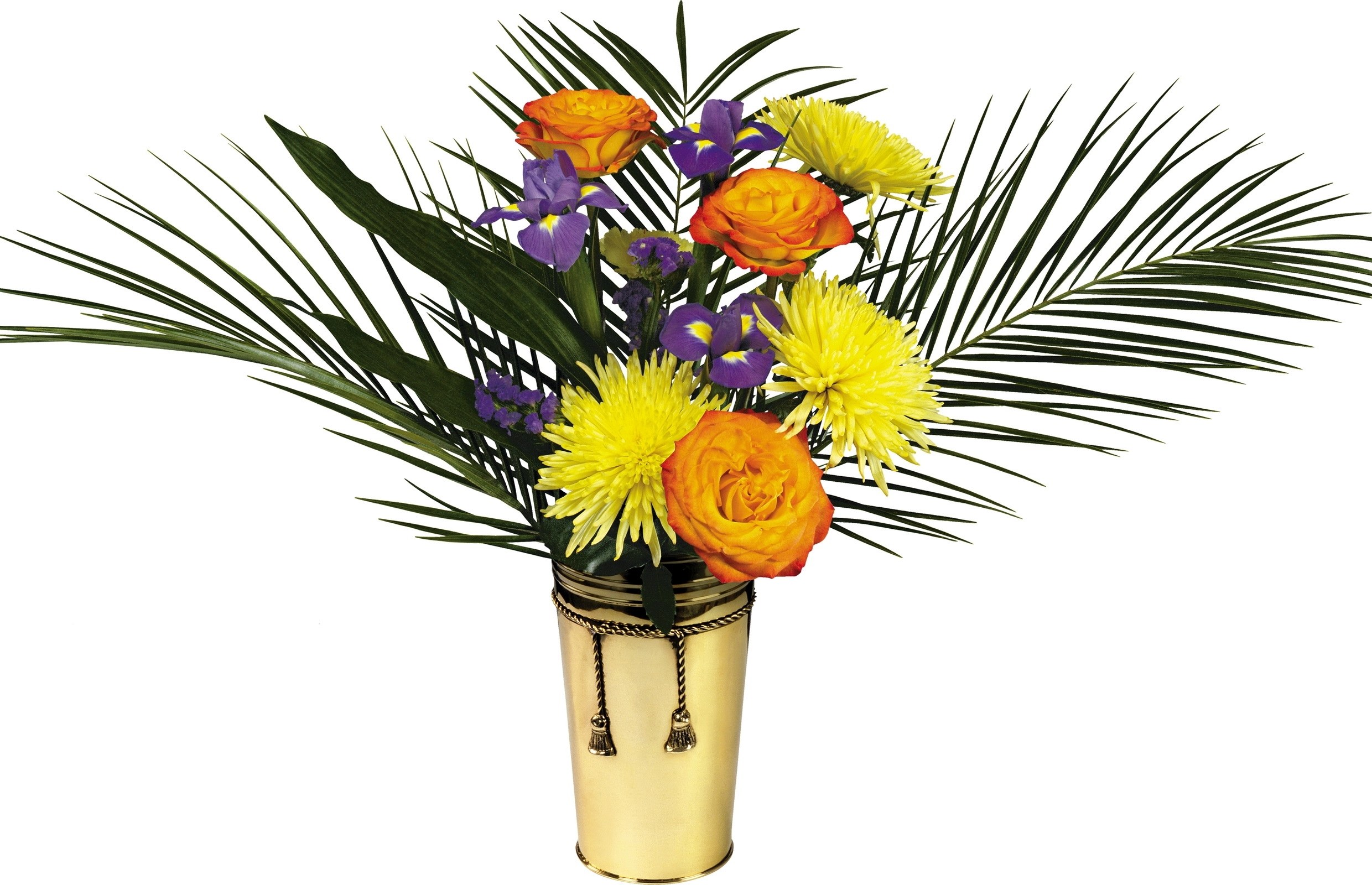 Colorful flower arrangement in gold vase