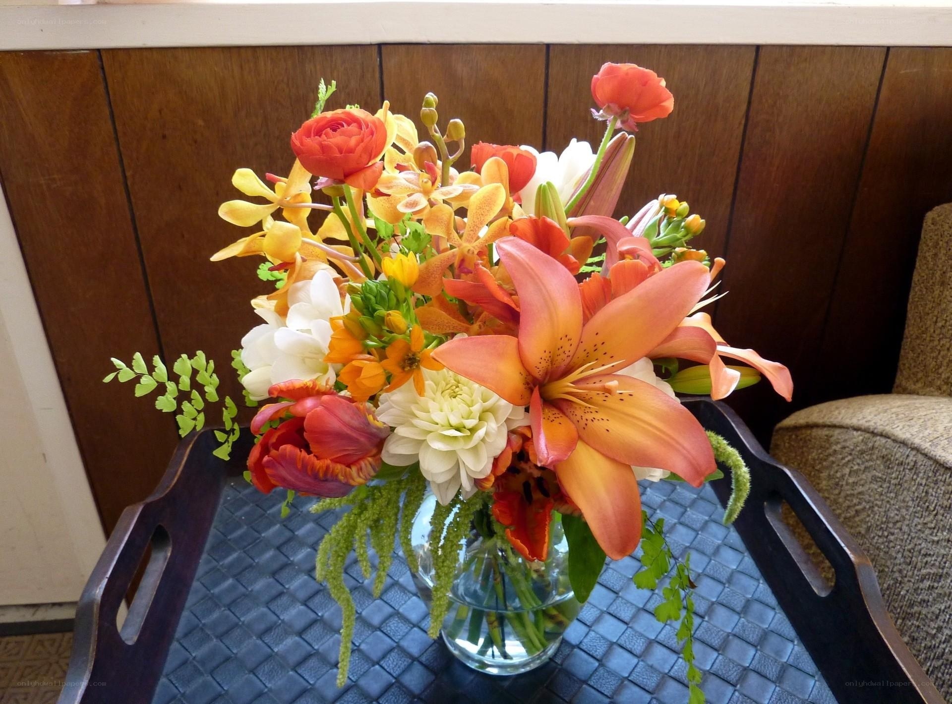 Colorful flower arrangement on tray