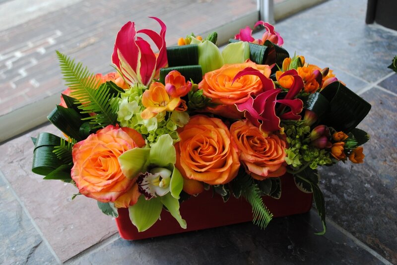 Colorful Flower Arrangement — Orange, Vibrant, Photograph, Roses, Orchids
