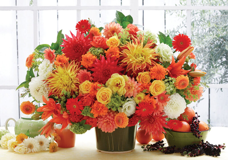 Colorful Flower Arrangement — Red, Vibrant, Afternoon, Photograph