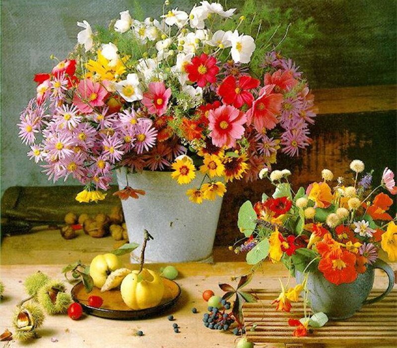 Colorful Flower Arrangement — White, Calm, Autumn