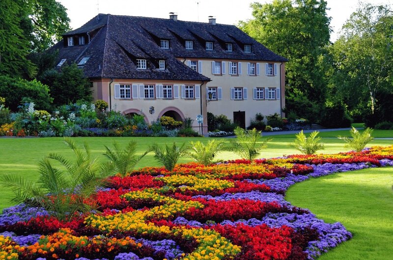 Colorful Flower Beds — Green, Serene, Afternoon, Photograph, House