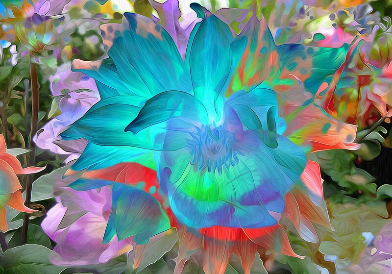 Colorful Flower Bloom — Blue, Vibrant, Digital Art, Petals, Stamen