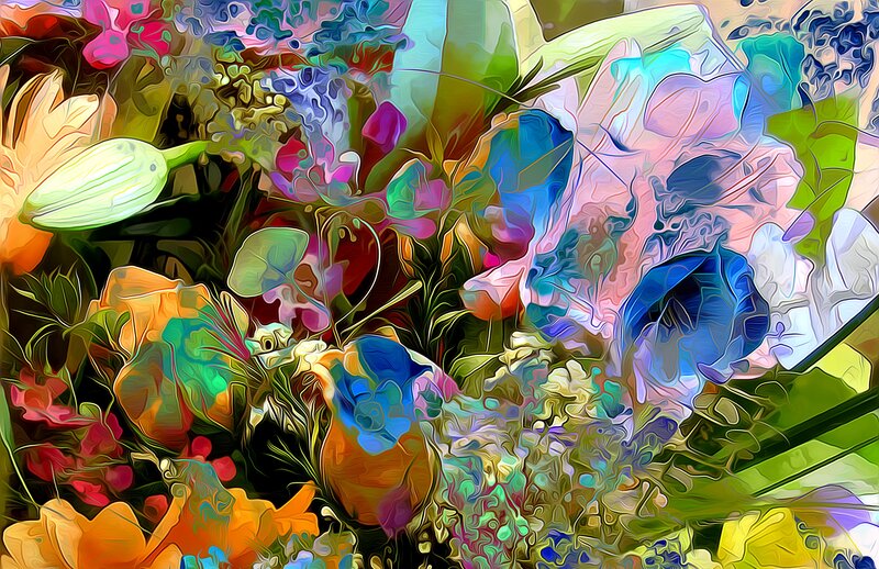 Colorful Flower Bouquet — Blue, Vibrant, Digital Art, Flowers