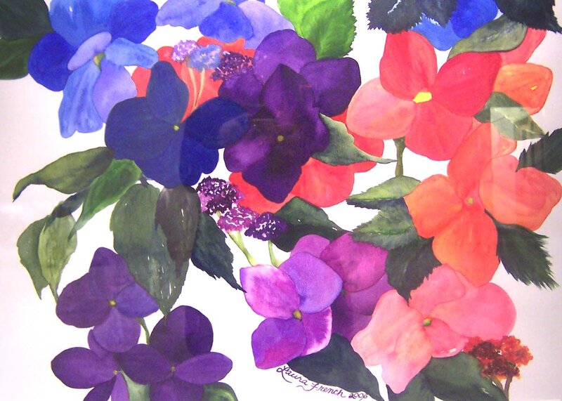 Colorful Flower Bouquet — Blue, Vibrant, Painting, Leaves
