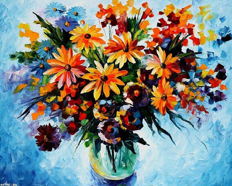 Colorful Flower Bouquet — Blue, Vibrant, Painting, Vase, Flowers