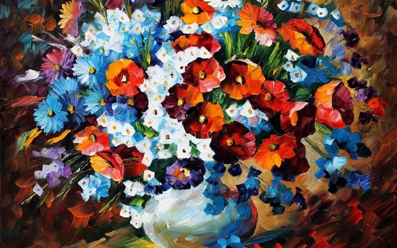 Colorful Flower Bouquet — Blue, Vibrant, Painting, Vase