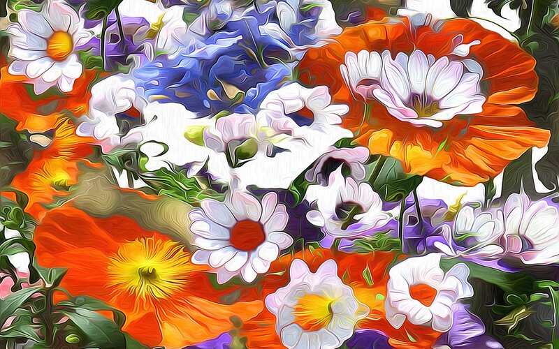 Colorful Flower Bouquet — Orange, Vibrant, Digital Art, Flowers