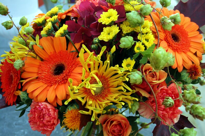 Colorful Flower Bouquet — Orange, Vibrant, Photograph, Gerbera Daisies, Chrysanthemums