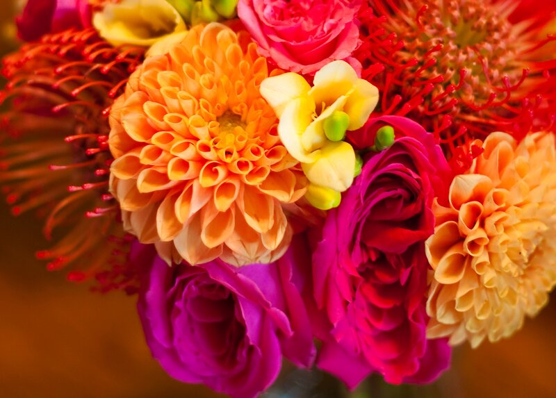 Colorful Flower Bouquet — Orange, Vibrant, Photograph, Roses, Dahlias, Pincushion Flowers