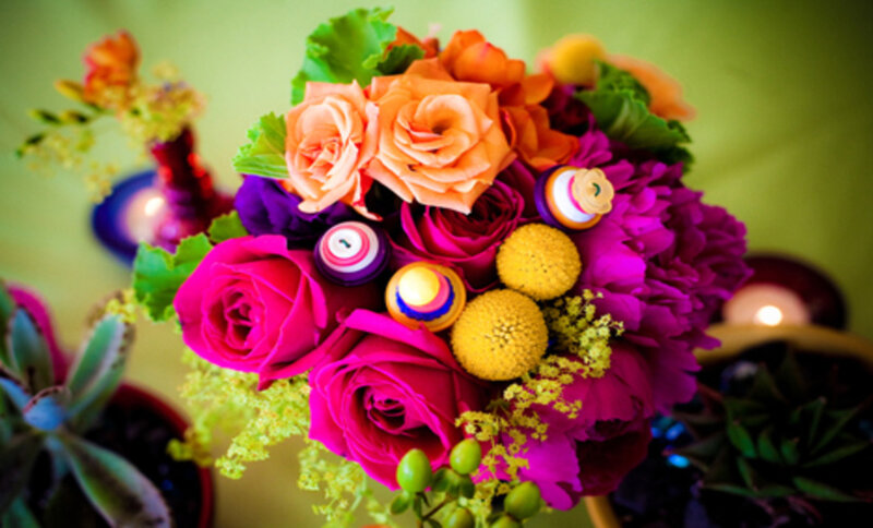 Colorful Flower Bouquet — Pink, Vibrant, Photograph, Candles