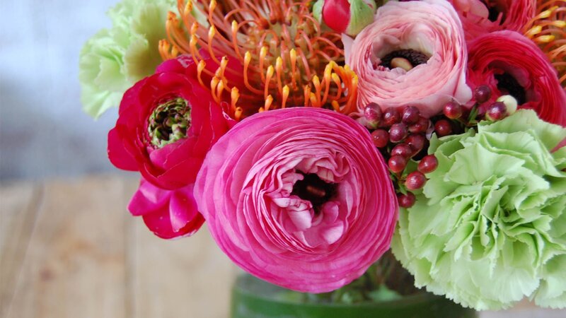 Colorful Flower Bouquet — Pink, Vibrant, Photograph, Carnations, Ranunculus